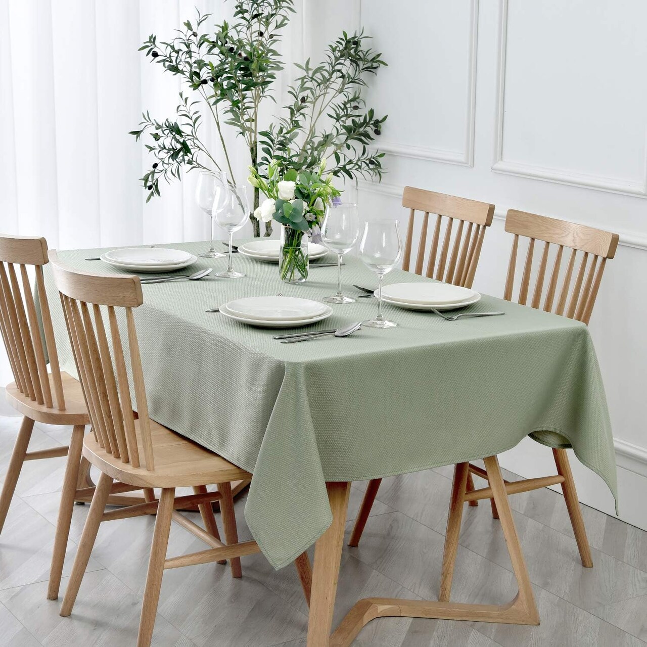 Rectangle Textured Waterproof Tablecloth – 52x70 Inch Spillproof, Wrinkle-Free Fabric Table Cover for Kitchen, Dining, Indoor & Outdoor Use, Sage Green